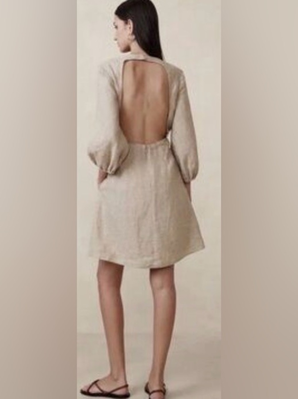 Banana Republic cream Open back Long Sleeve Linen Mini Dress cotton backless 6